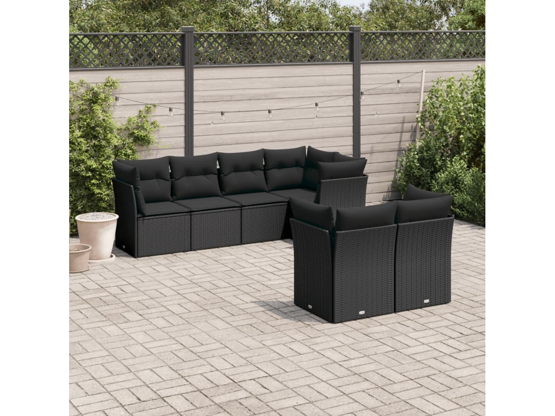 Conjunto de sofá de jardín de 7 piezas con cojines de mimbre negro de DKD Home Decor