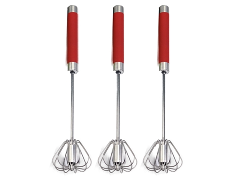 Batidor de huevos semiautomático de acero inoxidable de 3 piezas - Batidora rotativa manual de 3 piezas - rojo (10 pulgadas)