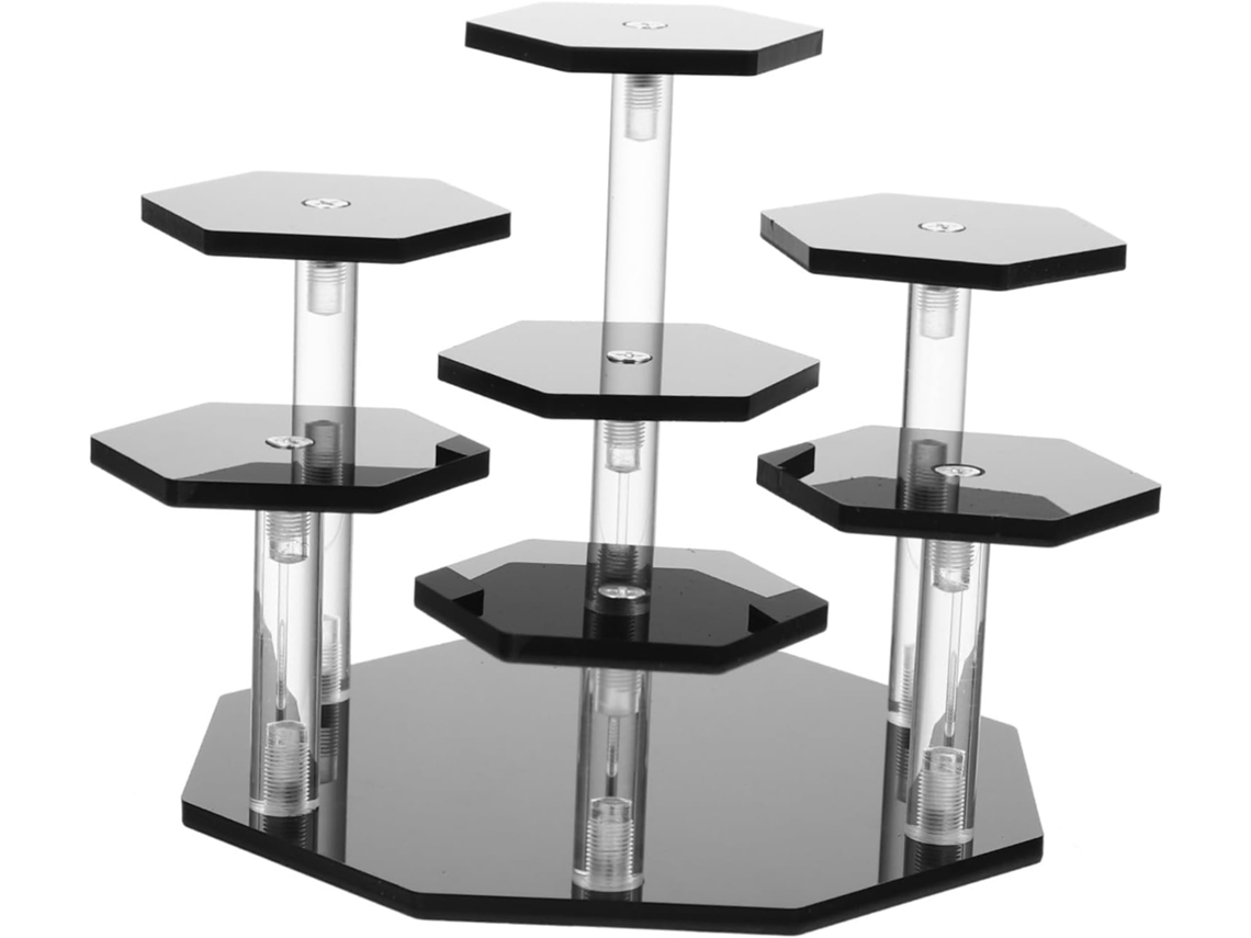 Soporte de exhibición multicolor de acrílico negro para figuras y maquetas: exclusivo, estable y fácil de limpiar.