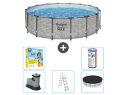 Piscina BESTWAY Round Steel Pro MAX - Estampado Piedra - 488 x 122 cm - Incluida Bomba - Escalera - Cobertor Paquete de mantenimiento - Filtrar