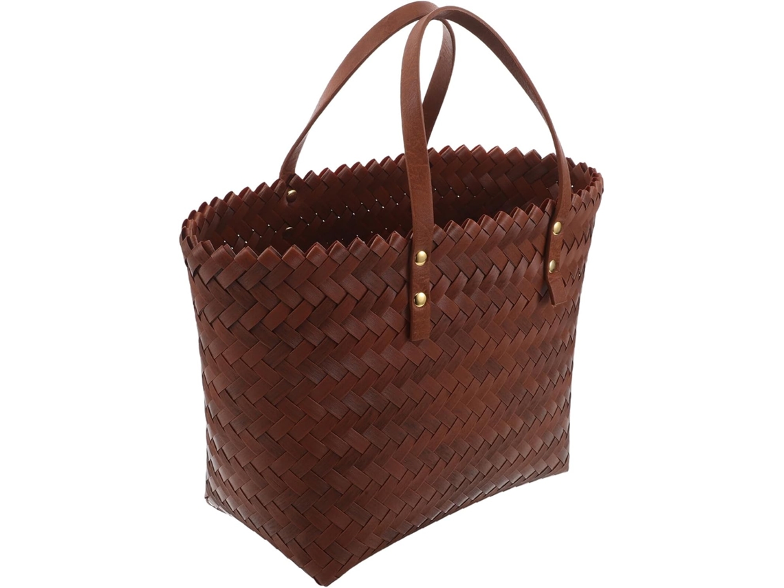 Bolsa De Mão Trançada Em Pvc Resistente Com Alça De Couro Marrom, Bolsa Tote Boêmia Leve.