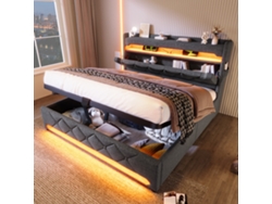 Cama con baúl acolchado 160x200 cm con LED y puertos USB Tejido de lino Cabecero con espacio de almacenaje Gris Mobrio