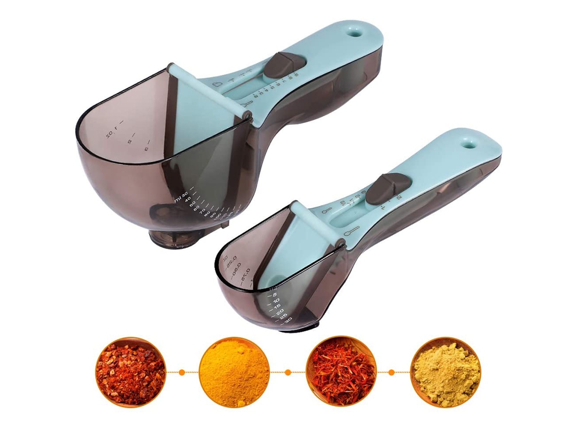RNEMITERY Juego de Tazas Medidoras y Cucharas de Medida Ajustables - 2 Juegos con Escalas Magnéticas para Cocina, Hornear y Repostería