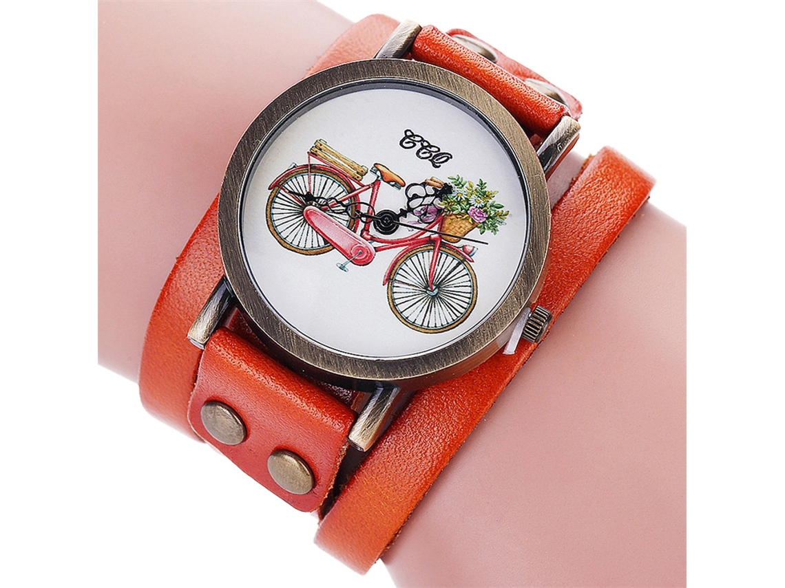 Reloj De Pulsera Unisex De Piel Auténtica Con Movimiento De Cuarzo Naranja Ccq