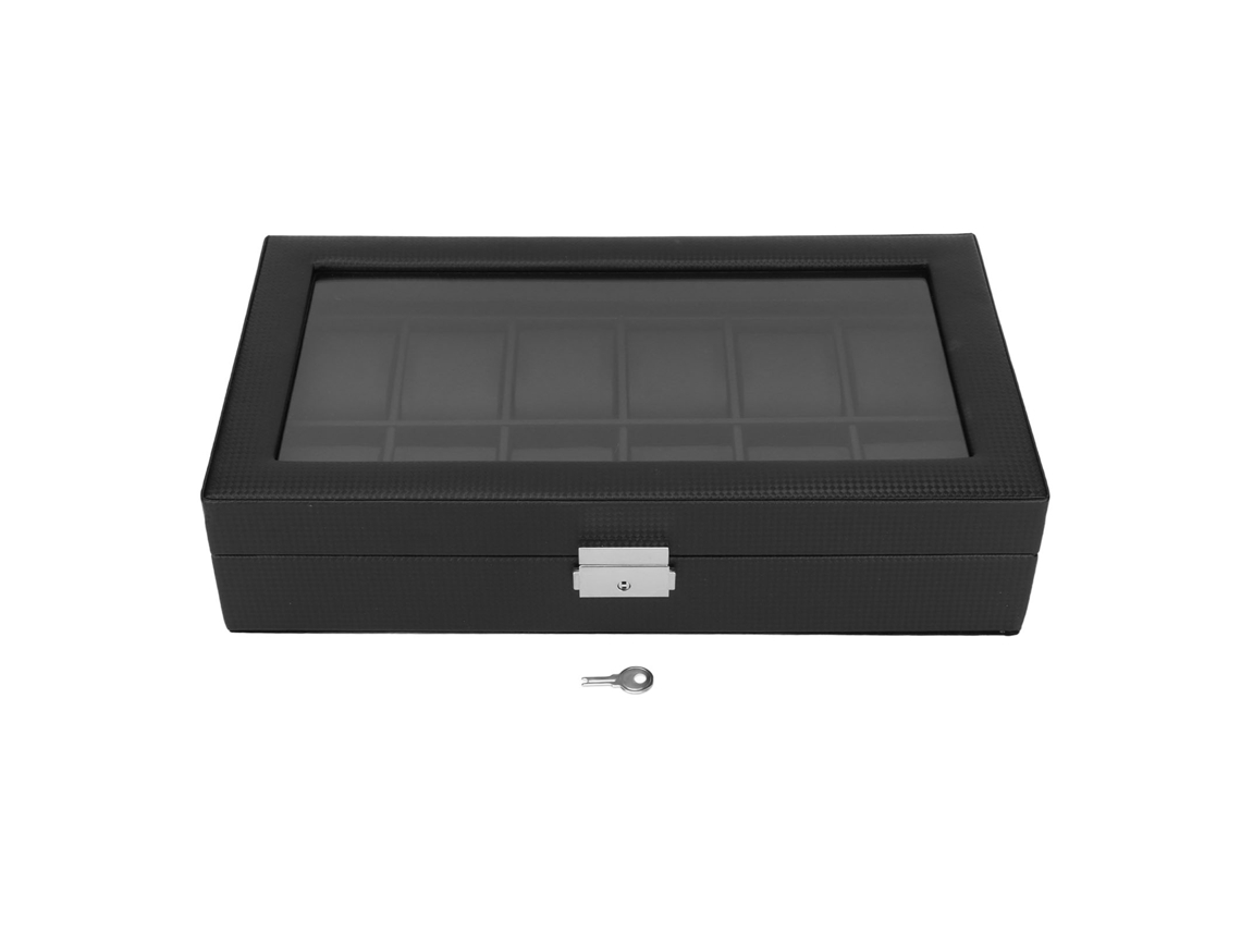 Organizador De Relojes Con 12 Compartimentos, Textura De Fibra De Carbono, Tapa De Acrílico Negro.