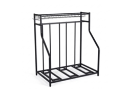 Soporte de suelo Relaxdays para 3 bicicletas, ancho de neumáticos ajustable, cesta y 6 ganchos, soporte múltiple, negro.