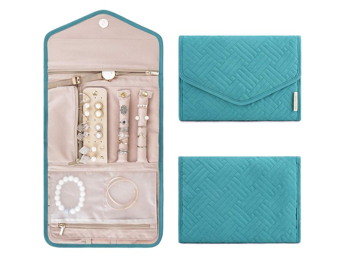Organizador De Joyas Plegable Roll Teal, Caja De Joyería Compacta Con 5 Compartimentos Para Viajes