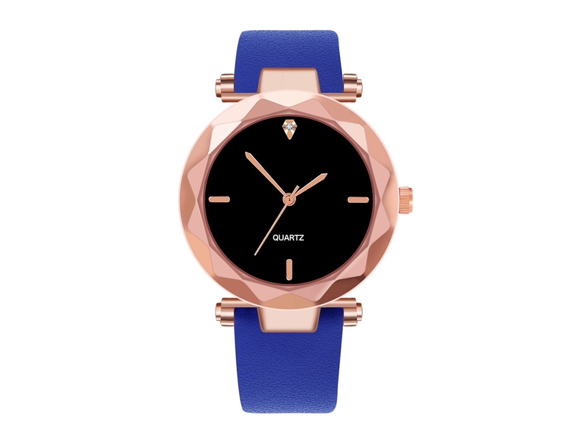 Reloj De Pulsera De Cuarzo Para Mujer Con Correa De Piel Sintética Y Decoración De Diamantes De Imitación, Azul Marino.