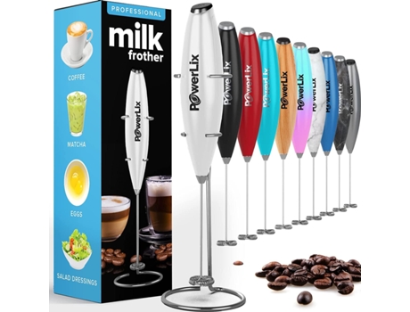 POWERLIX Espumador de Leche Eléctrico de Mano Batidora Leche Espuma Con Soporte de Acero Inoxidable 15-20S Potente 19000 Rpm Batidor para Café