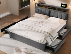 Cama De Adulto Tapizada Con 4 Cajones Y Puerto De Carga Usb - 140x200cm - Tela De Lino - Gris