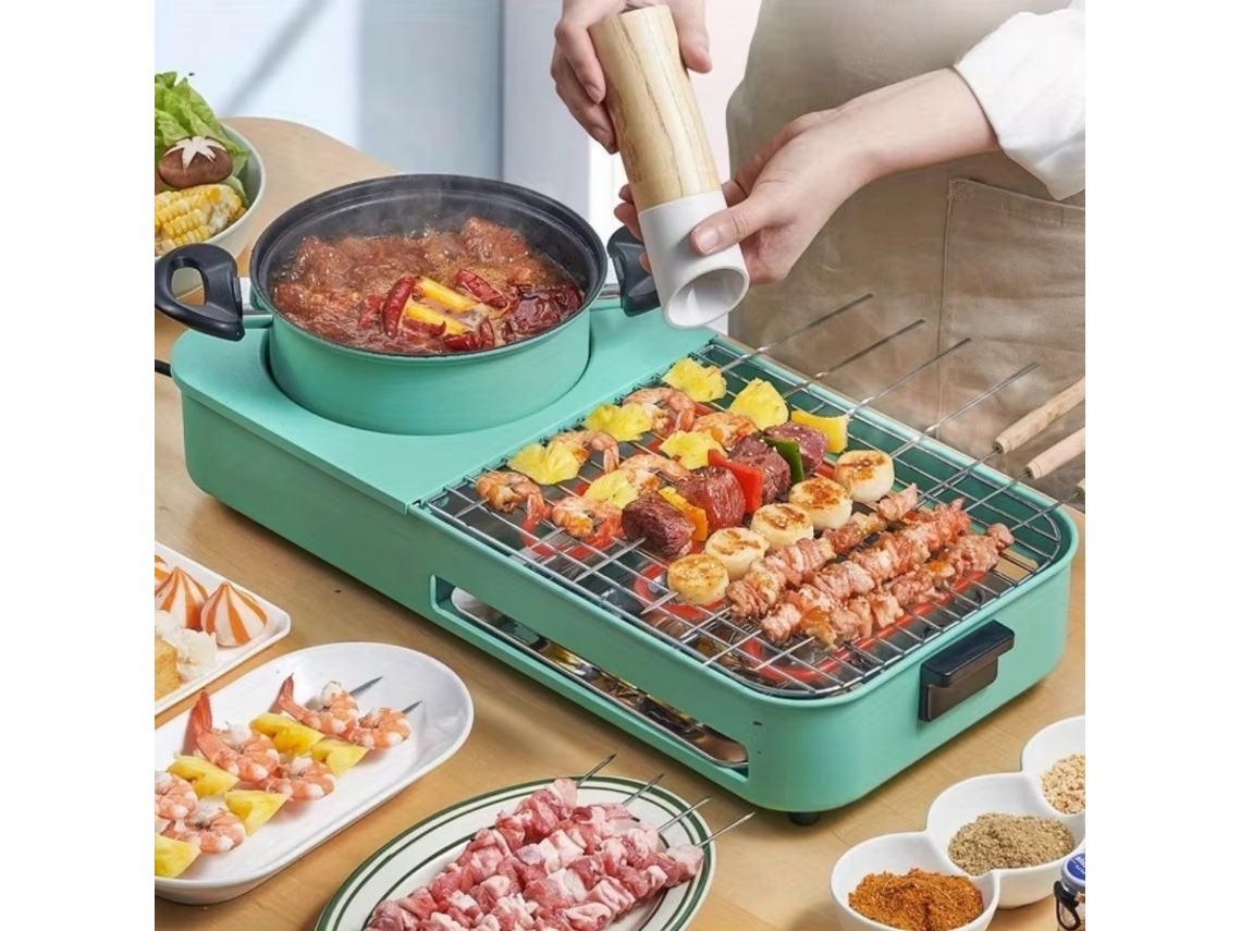 Parrilla eléctrica portátil de 2200 W y olla para fondue 3 en 1, sartén antiadherente extraíble y lavable, para sopas, fondue y asados.