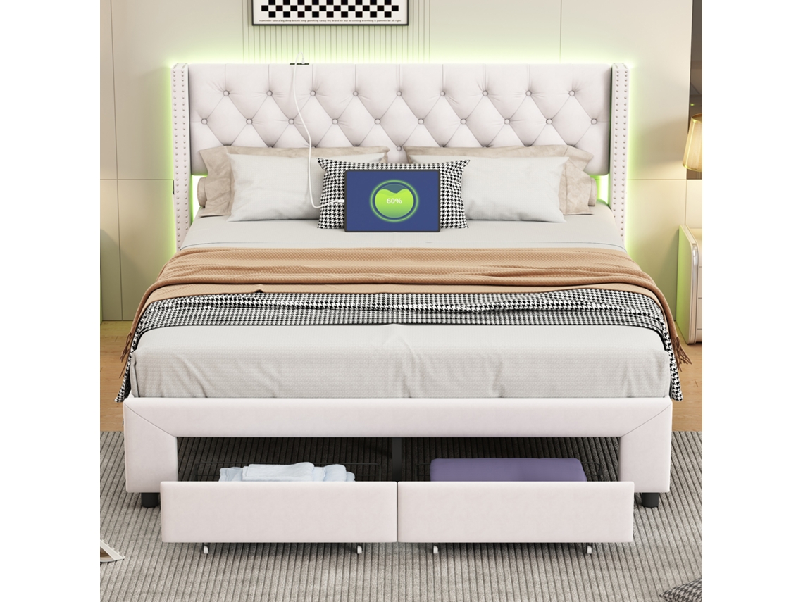 Cama tapizada de 180x200 cm con iluminación LED, puerto USB y 2 cajones, terciopelo beige, cama de matrimonio con espacio de almacenaje y bolsillos laterales.