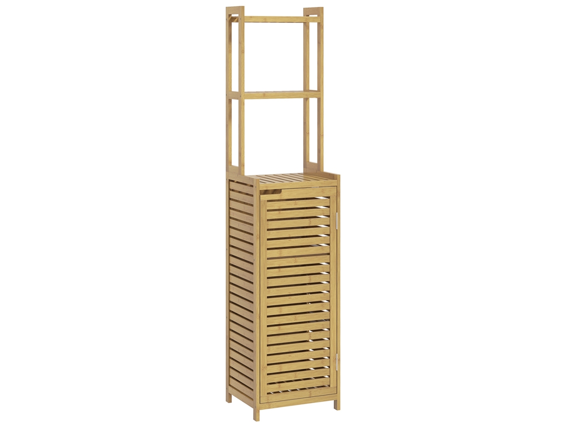 Armario Alto De Baño De Bambú Con 3 Estantes Y 1 Puerta, 38,5 X 33 X 170 Cm, Natural.