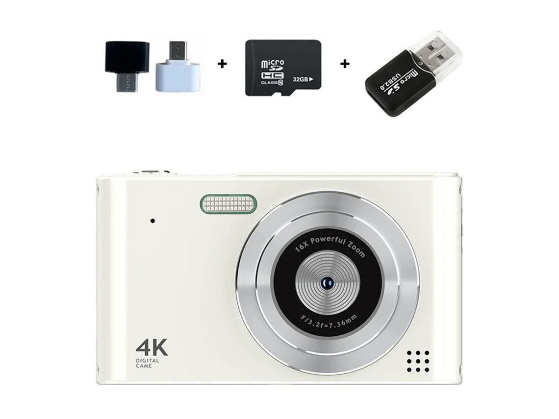 Mini cámara compacta UHD 4K, cámara digital, enfoque automático, zoom 16x, 32 g, color blanco Yizhood