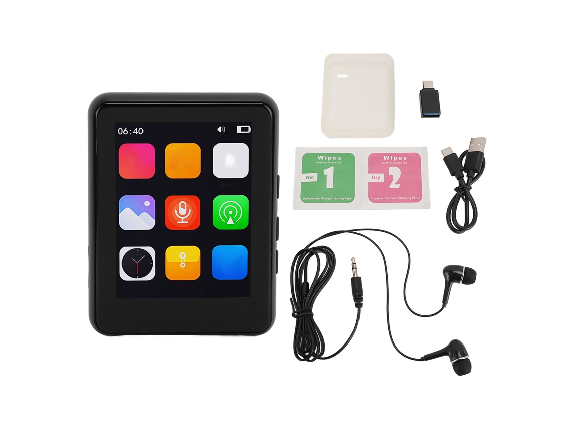Reprodutor Mp3 Portátil Com Tela Touch 2,4 Polegadas Hifi Bluetooth 5.0 Rádio Fm Gravador De Voz Preto