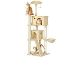 Rascador para gatos de 180 cm con 2 escondites, hamaca y escalera, color beige.