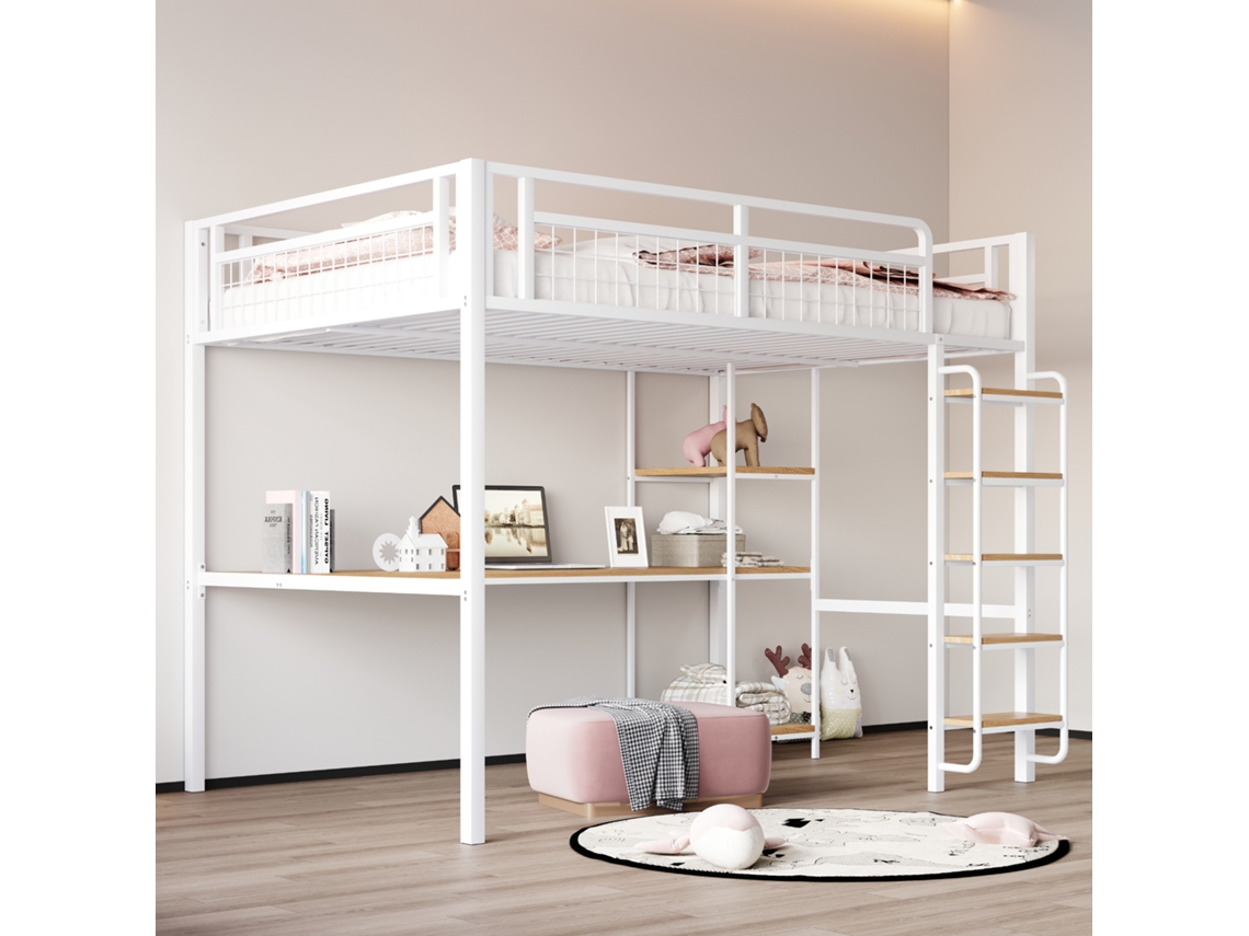 Litera de metal 140*200 cm, escalera de seguridad con barandillas, cama infantil con mesa y estante, valla de seguridad en tela metálica.