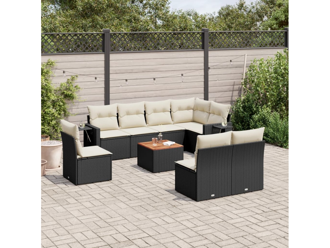 Conjunto de sofá de jardín de 9 piezas con cojines, ratán negro, Dkd Home Decor