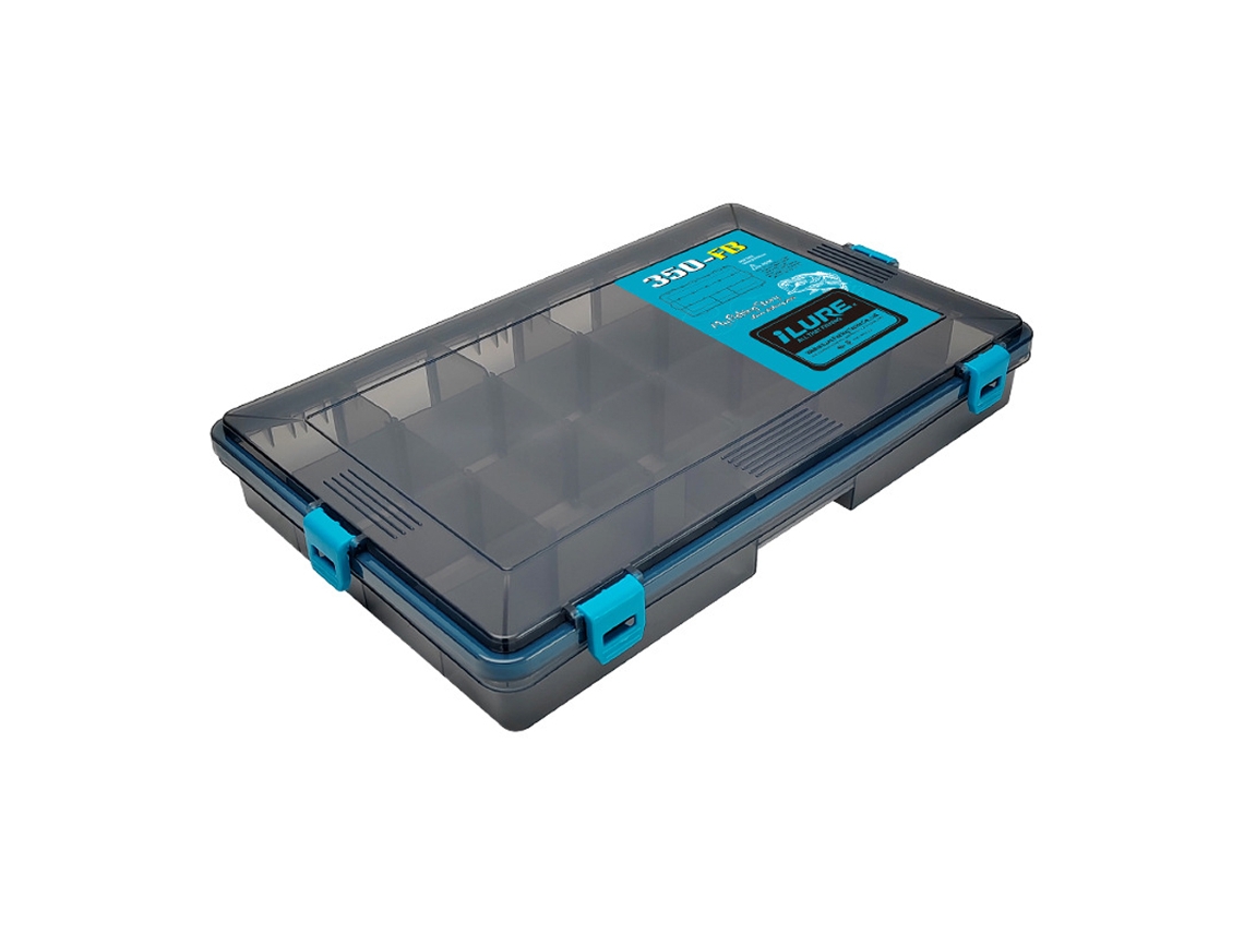 Caja impermeable para aparejos de pesca con estantes ajustables.