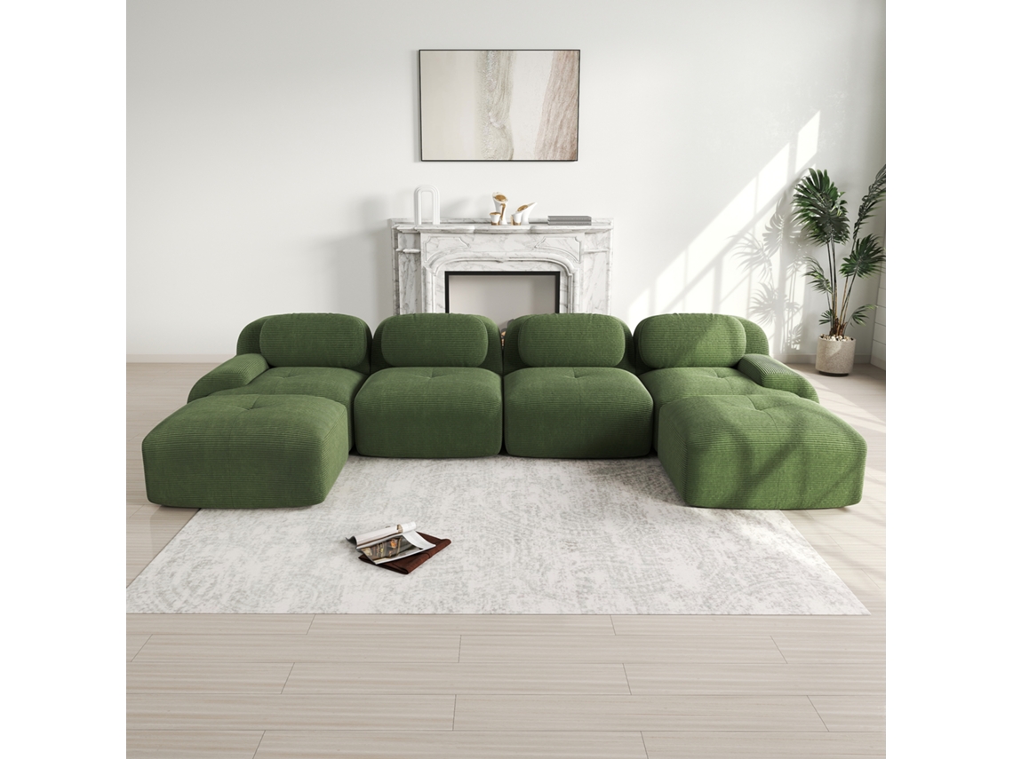 Sofá modular en forma de U, no requiere montaje, pana transpirable, espuma 32D, brazos anchos, ergonómico y apto para mascotas, color verde Mobrio.