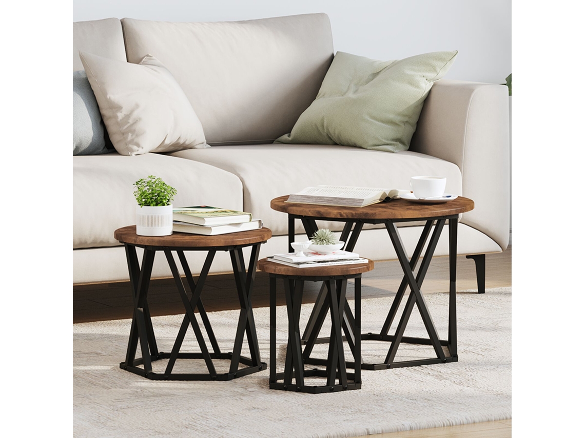 Mesas Auxiliares Nesting 3 Pcs Madera De Roble Ahumada