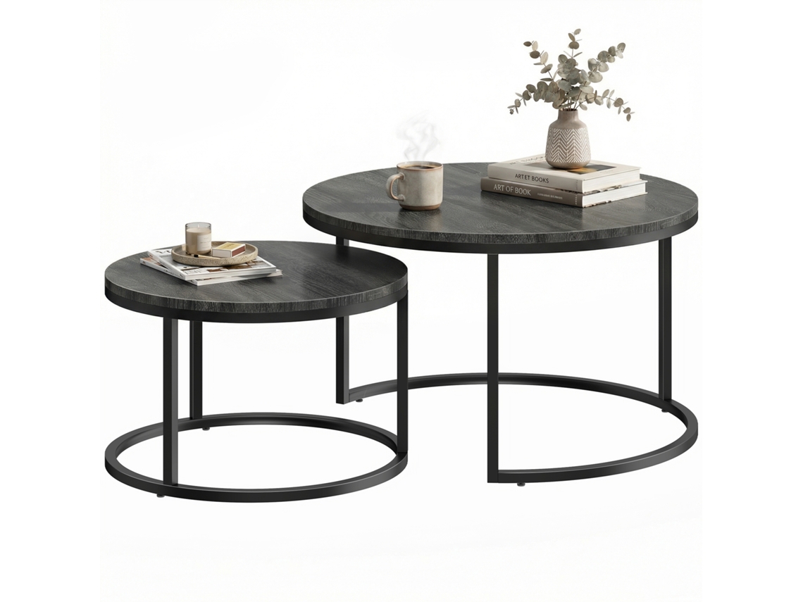 Juego De 2 Mesas De Centro Apilables De Diseño Industrial Con Patas De Metal Negro.