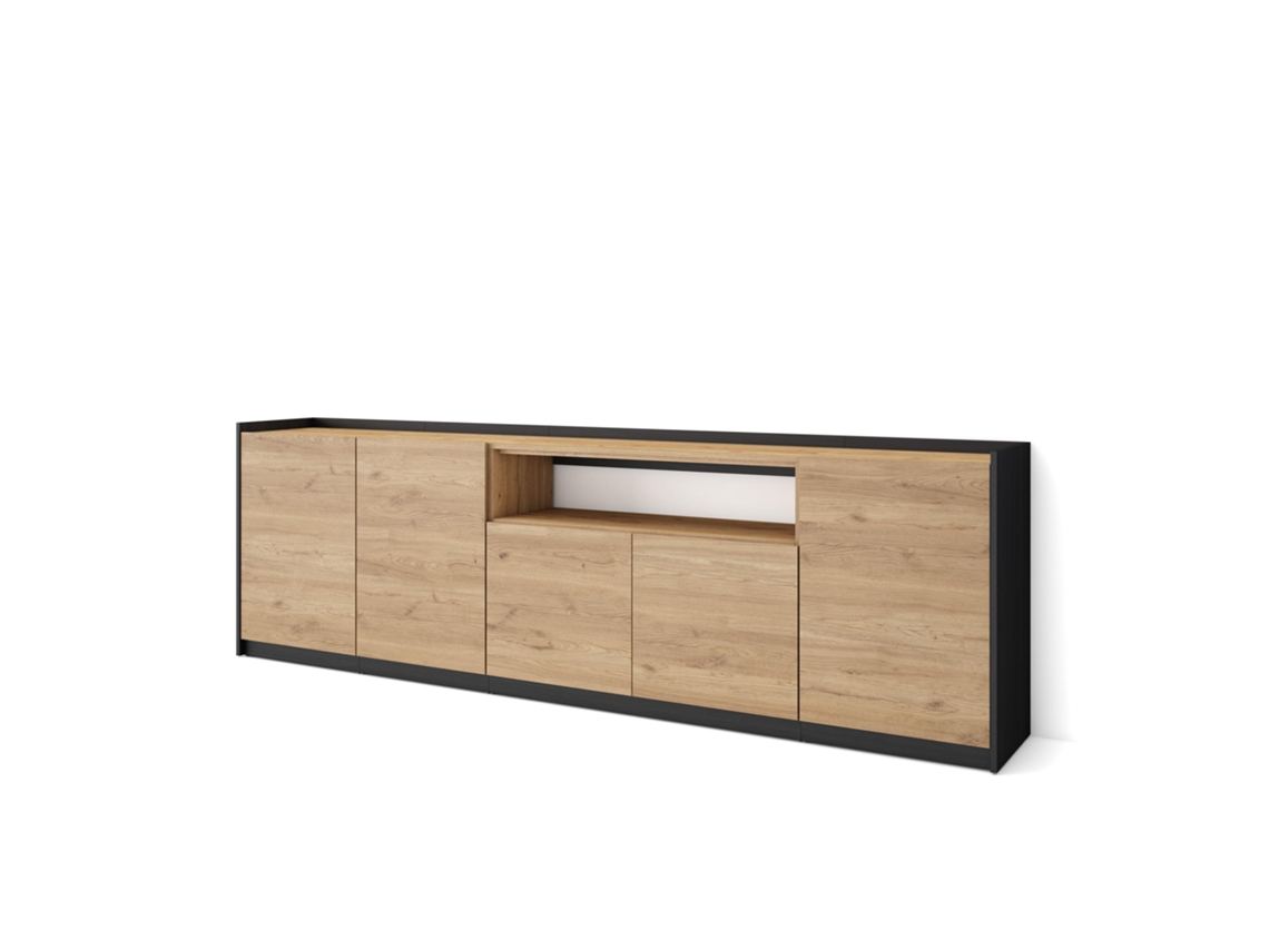 Aparador de comedor, 260x37x80cm, 5 puertas, armario de almacenamiento, roble y negro.