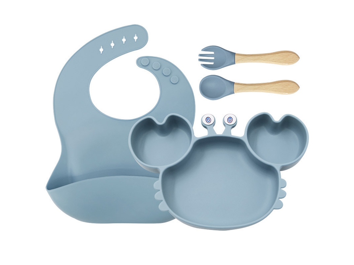 4 Conjuntos De Talheres De Silicone Azul-claro Para Bebê: Pratos, Aventais E Talheres Com Estampa De Caranguejo, Sem Adesivos.