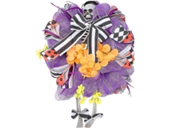Corona de calabaza Omni para Halloween con calavera, arco a rayas y flores artificiales. Decoración para puerta negra.