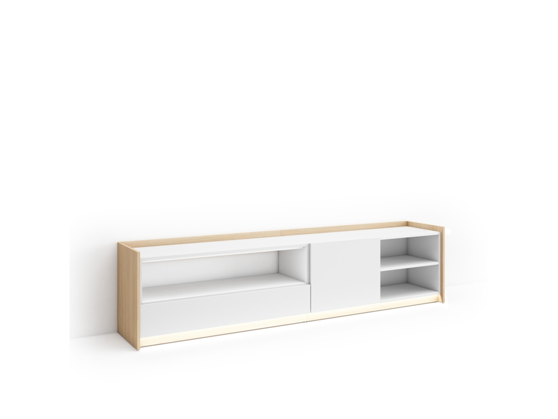 Mueble para TV, 207x37x50cm, para televisores de hasta 80'', LED, blanco y roble claro.