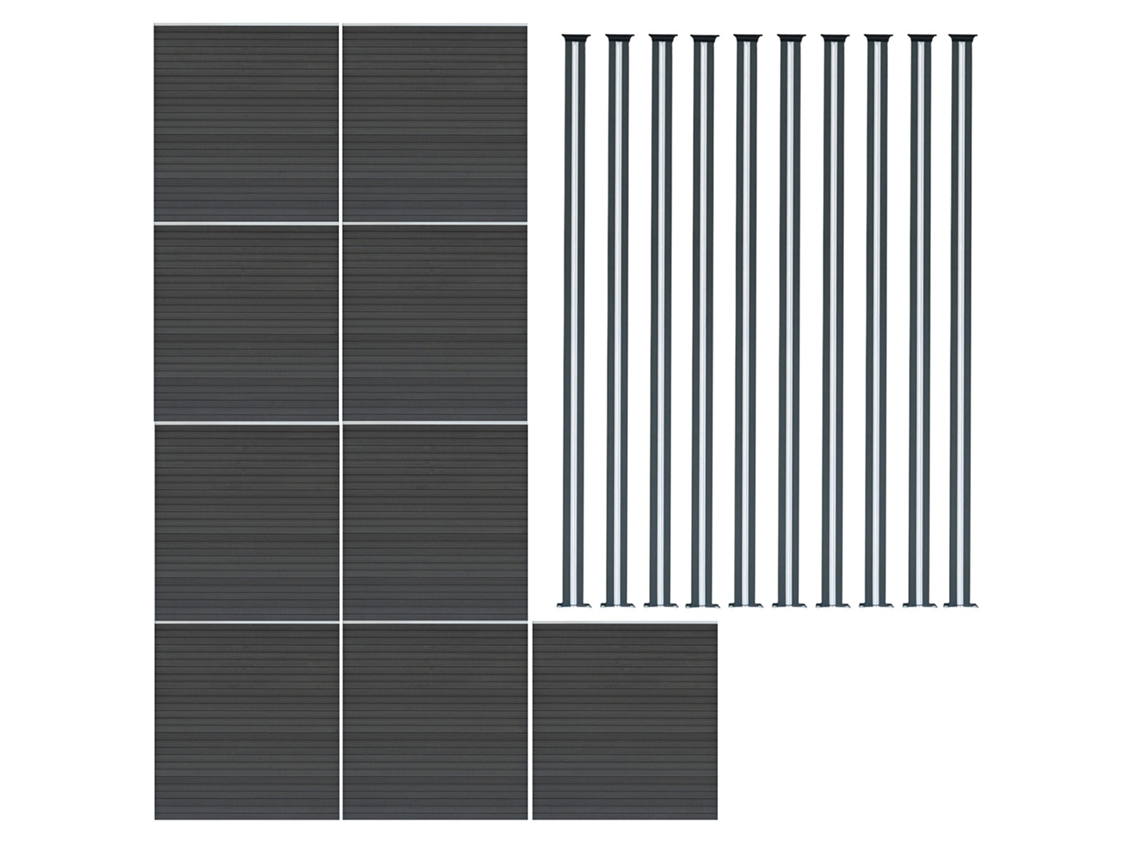 Valla exterior WPC 185 x 1564 cm | Gris | 9 paneles, 10 postes de aluminio con LED solar | Panel de doble cara | Monstershop