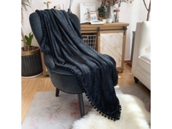 Rebe-manta Flanela Ligera Suave Con Flecos De Pompoms Para Sofa Cama Temporada Todas 51x59 Pulgadas Negro