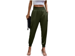 Calça jogger feminina casual de seda com cintura alta e bolsos compridos, tamanho P, verde militar, modelo 2026.