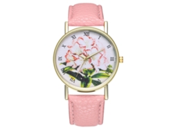 Reloj De Pulsera De Cuero Con Patrón De Plantas Moda Cuarzo Unisex (rosa)