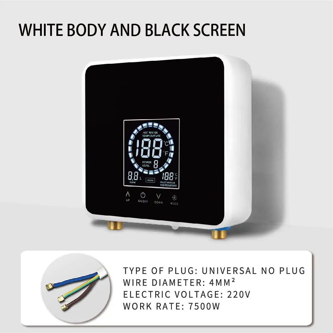 Calentador de agua eléctrico instantáneo (220v 7500w, negro) con pantalla LCD de temperatura y control remoto.