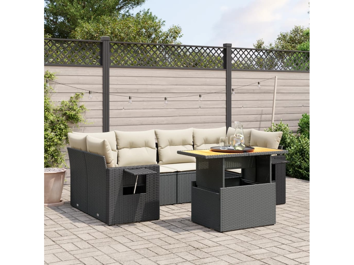 Conjunto de sofá de jardín de 7 piezas con cojines, ratán negro, Dkd Home Decor