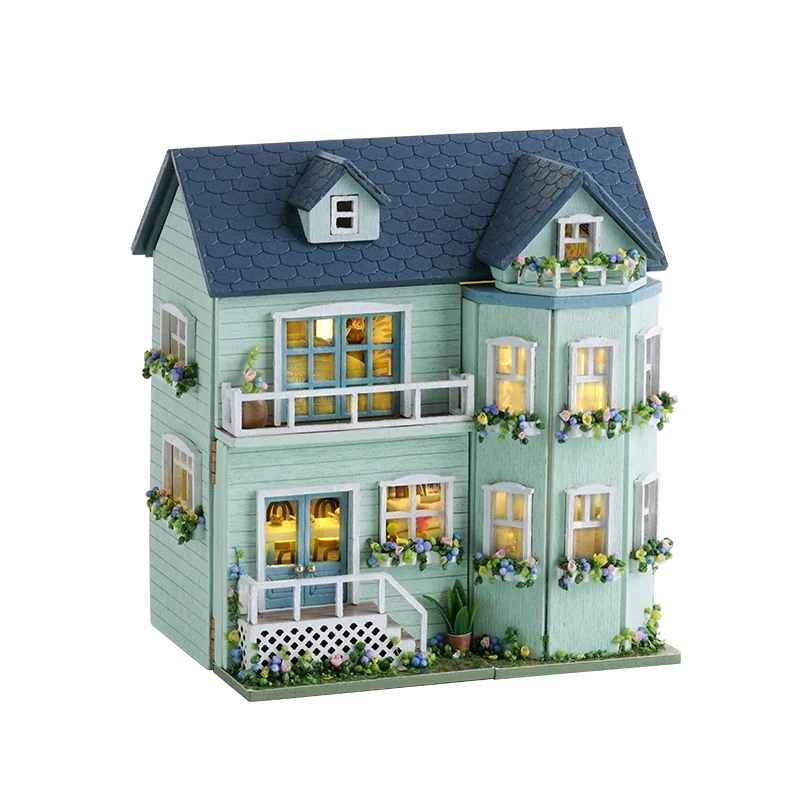 (d005f) Casa de muñecas miniatura de madera para armar, con muebles y luces, juguete en miniatura, gran éxito de ventas