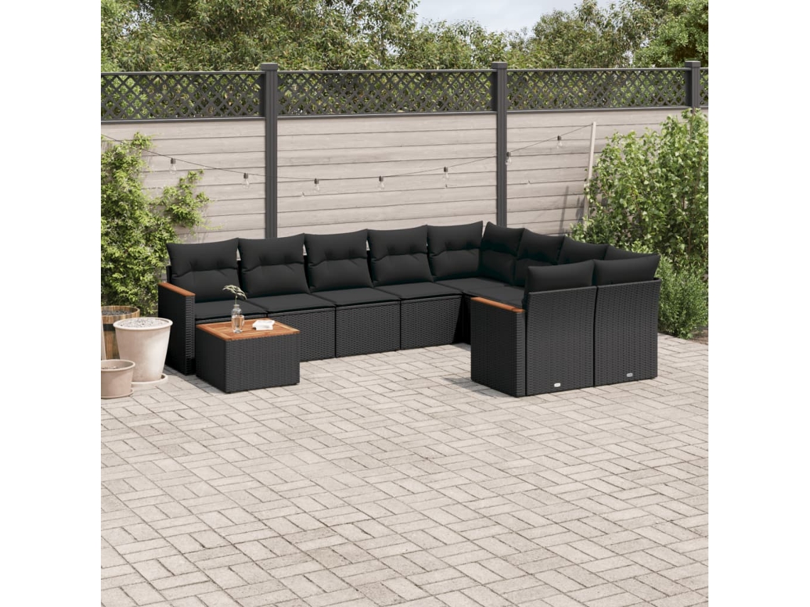 Conjunto de sofá de jardín de 10 piezas con cojines en mimbre sintético negro de DKD Home Decor