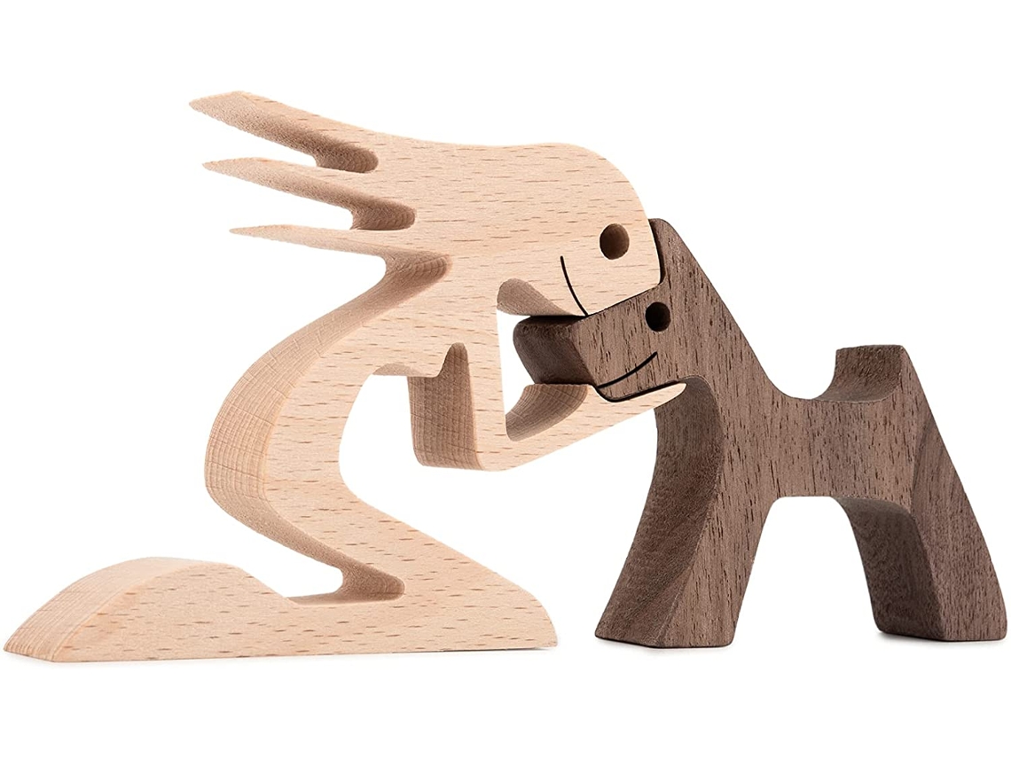 Escultura creativa de perro de madera, escultura de madera natural que simboliza la amistad, artesanía de madera sin pintar para una decoración elegante.