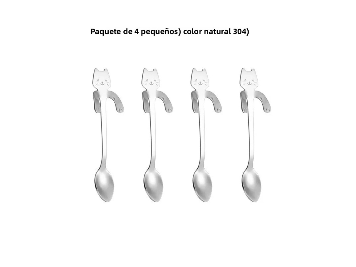 Juego de 4 cucharas de café de acero inoxidable 304 con diseño de gato e insecto, chapadas en platino y con borde para remover. Mdug (plata)