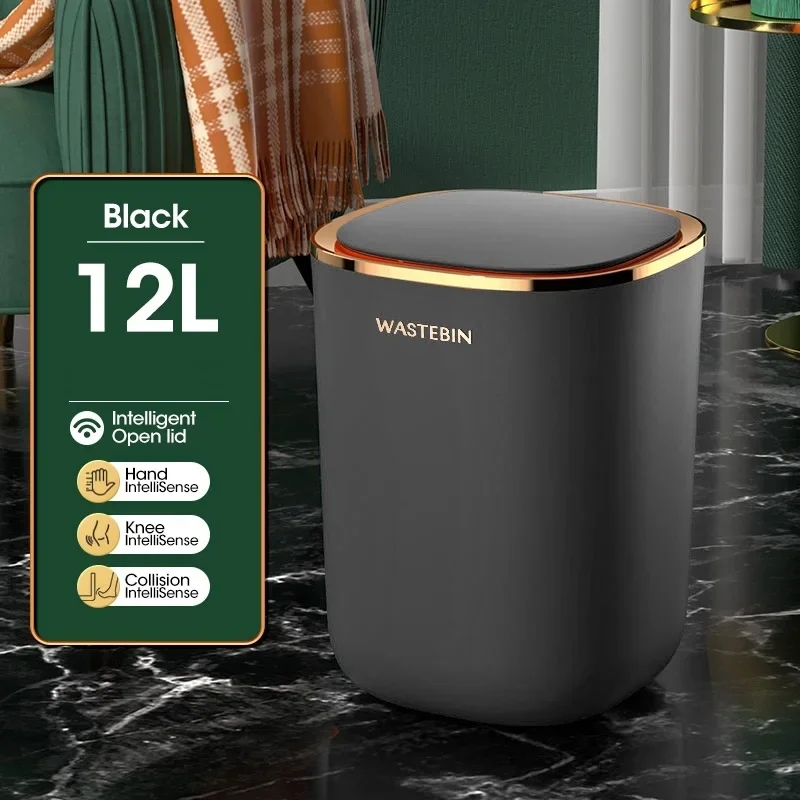 (batería Negra De 12 L) Basurero Automático Con Sensor Inteligente Para Baño, De Lujo