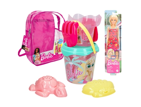 Set cubo playa c/muñeca, accesorios y mochila transporte BARBIE