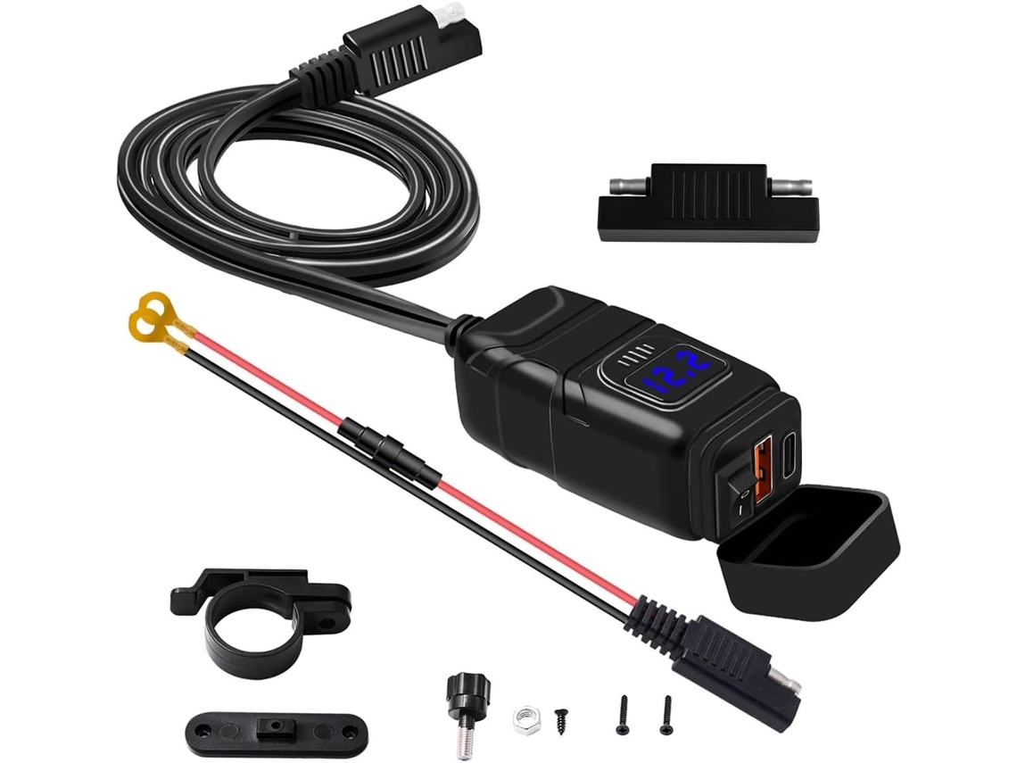 Cargador De Batería Para Coche Qc3.0 Usb Tipo-c Resistente Al Agua Con Voltímetro (azul)