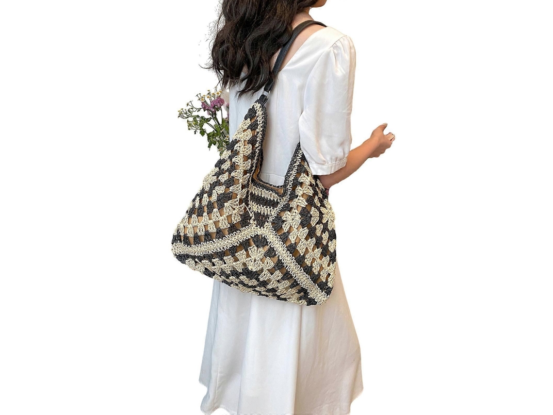 Bolso grande de playa, bolso de compras, bolso de hombro informal para niñas y mujeres, paja trenzada, estilo tote color caqui. GOKOCO