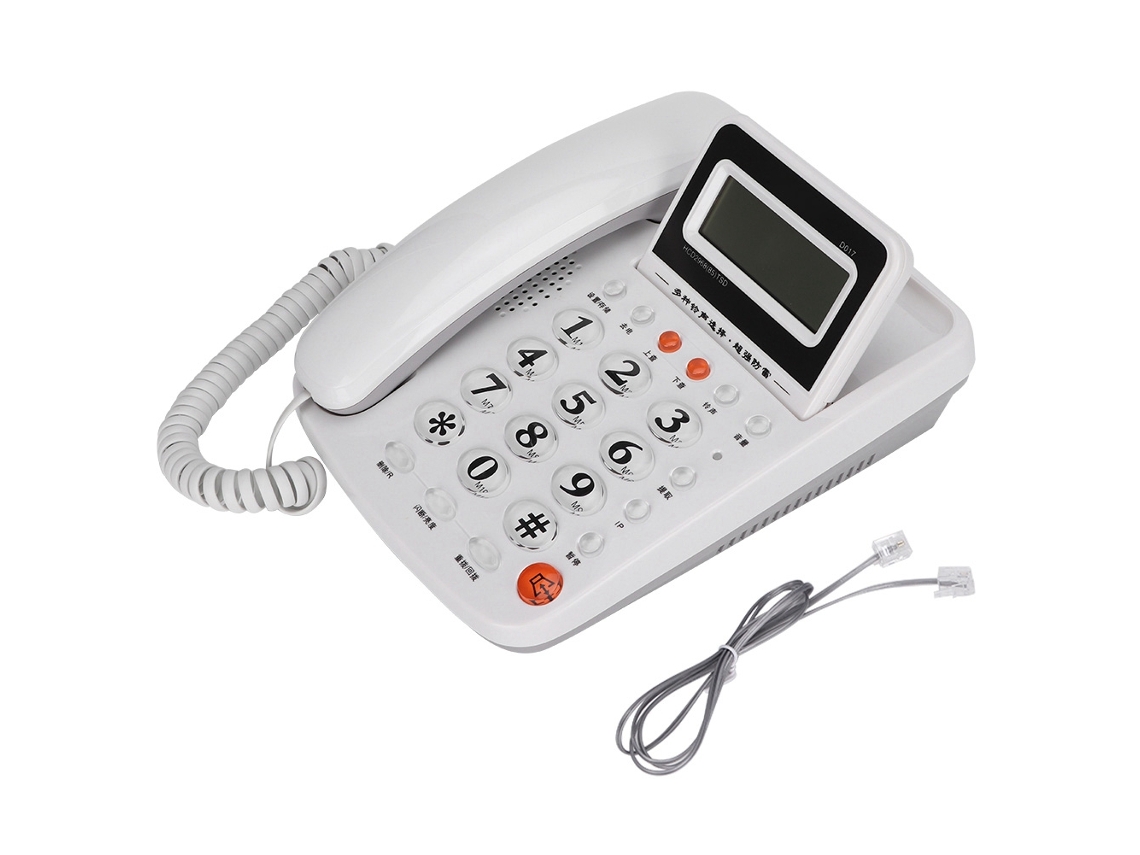 Teléfono fijo con pantalla y escritorio de oficina