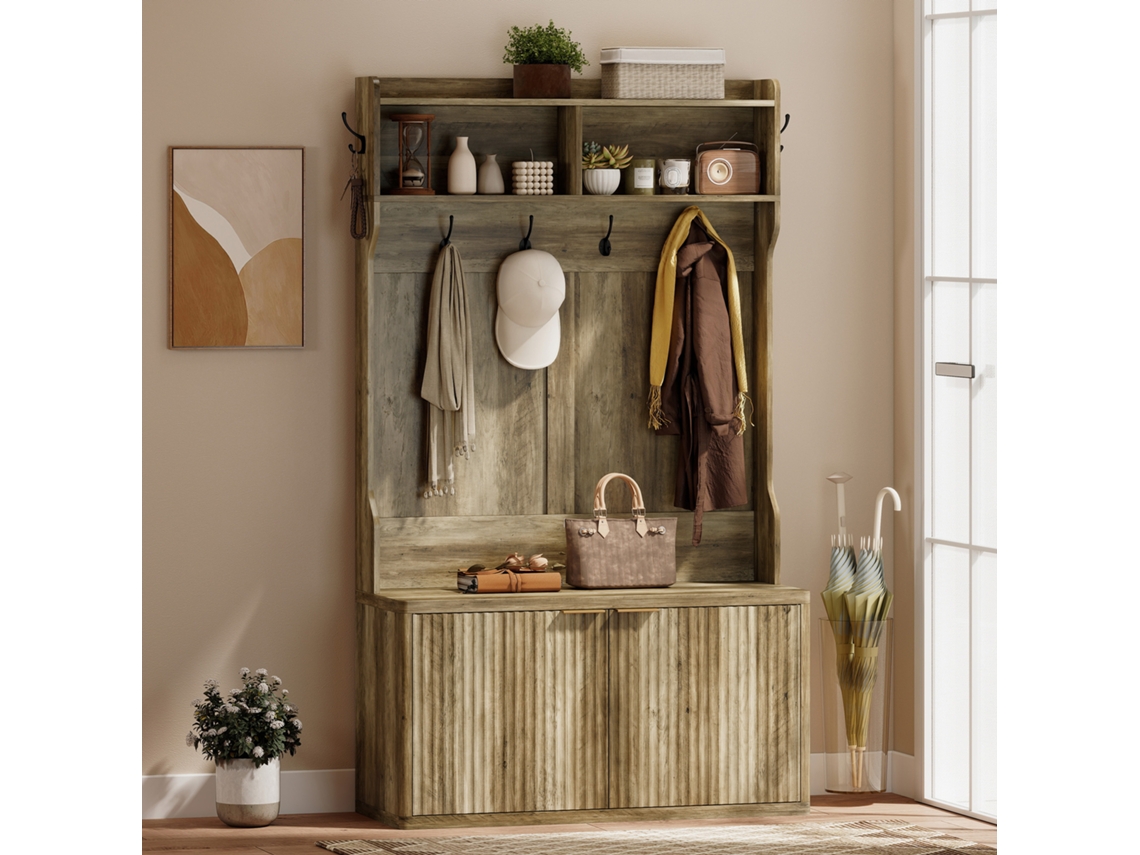 Cabideiro e sapateira 4 em 1, moderno, com prateleira aberta para corredor, entrada e quarto, 100x38x172cm, carvalho PMM CAPITALI