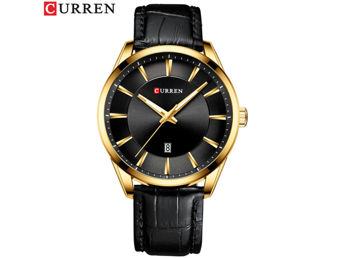 Reloj De Pulsera De Hombre (dorado Y Negro) Con Correa De Cuero, Calendario, Resistente Al Agua Y Movimiento De Cuarzo.