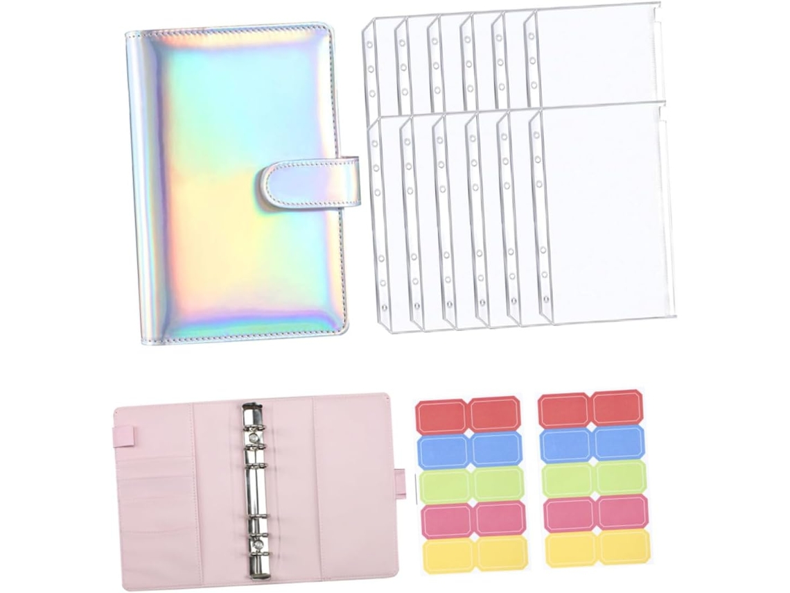 Carpeta de presupuesto recargable Gokoco A6 en piel sintética plateada, organizador portátil de ahorros con sobres para el hogar.