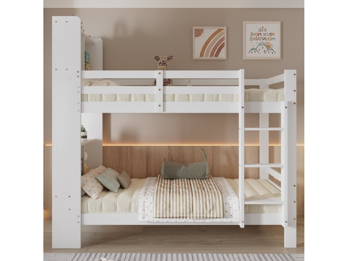 Cama Alta 90x200 - Con Estantes Y Escalera De Tres Niveles, Cama De Madera Con Almacenamiento - Blanco