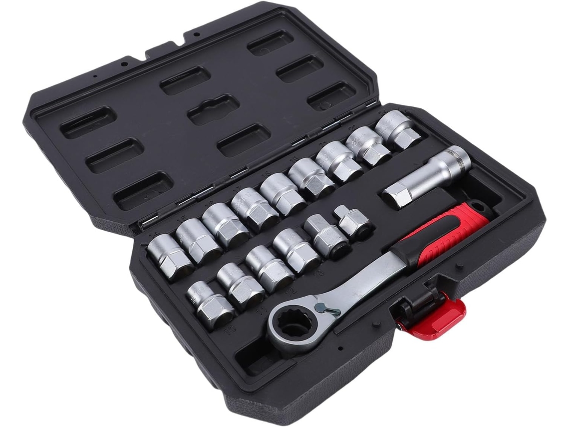 Juego De 17 Piezas Llaves Carraca Y Vasos, 10-24 Mm, Llave Vaso Métrica Estriada 12 Puntas Con